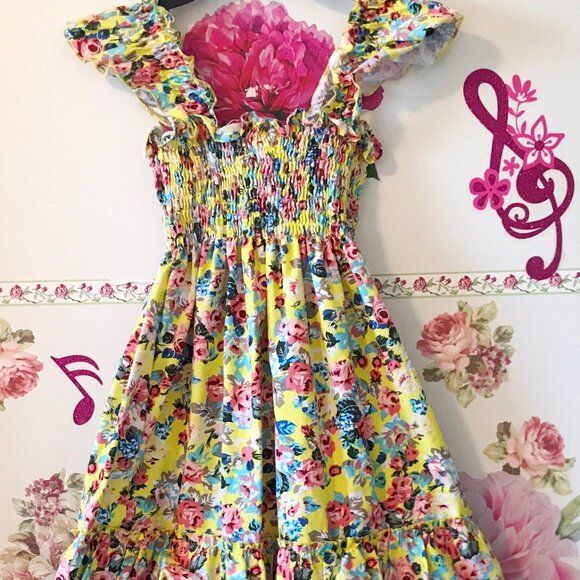 Lilli Lovebird Yellow Rose Flared Layered Floral Cotton Dress Girls 10 - Picture 3 of 7